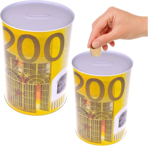 Metal Piggy Bank Shaped Like a Can with 200 Euro Banknote Design