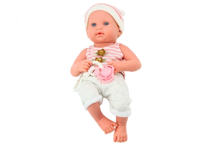 Baby Doll in White-Pink Outfit with Hat and Pacifier