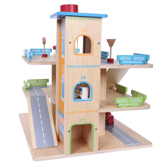 wooden multi-level garage with elevator and toy cars