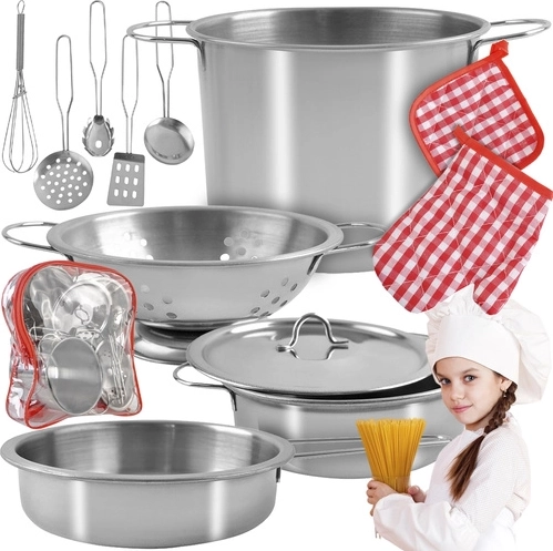 Set da cucina in metallo per bambini, 13 pezzi in zainetto trasparente