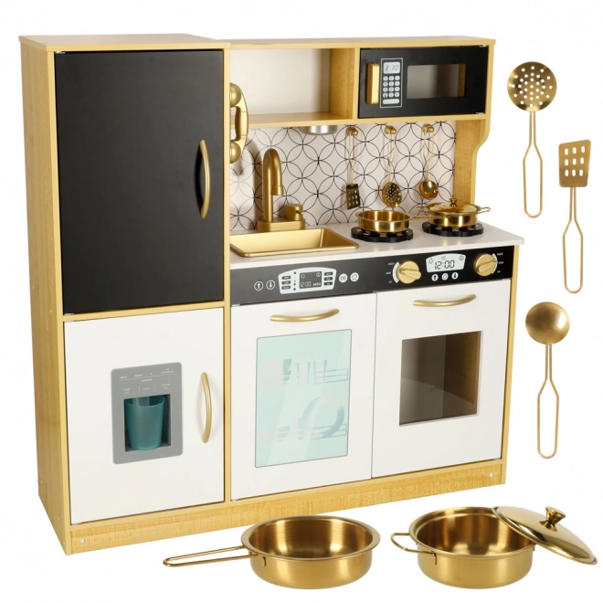 Children's Wooden Play Kitchen with Fridge and Blackboard – Gold