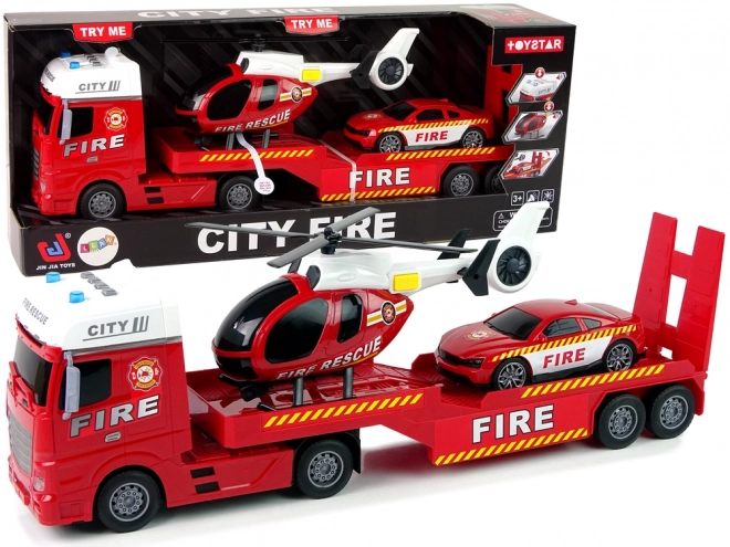 Fire Rescue Set with Tow Truck, Car, and Helicopter