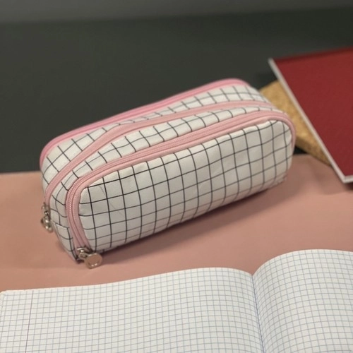 Foldable Triple Compartment School Pencil Case in Checkered