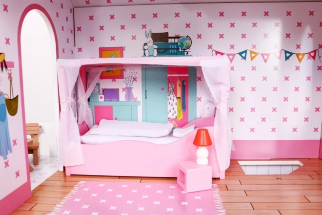 Wooden Dollhouse Pink for Kids 3+ with Equipment and Furniture