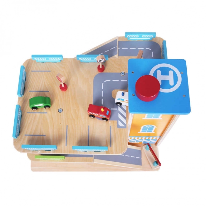 wooden multi-level garage with elevator and toy cars