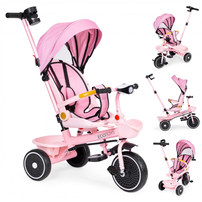 2-in-1 Tricycle Stroller with Swivel Seat and Canopy, Pink by Ecotoys