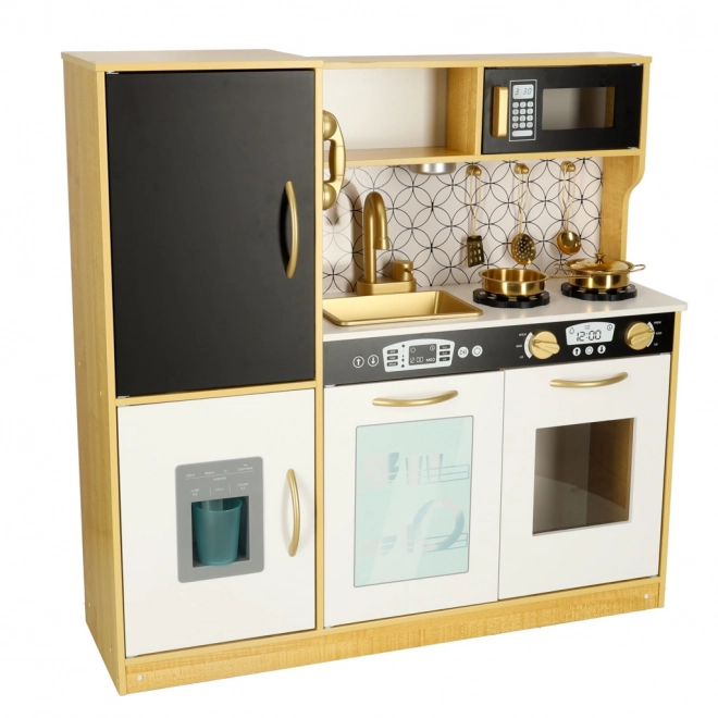 Children's Wooden Play Kitchen with Fridge and Blackboard – Gold