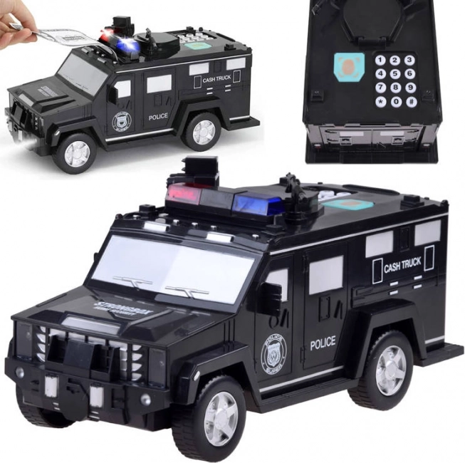Children's piggy bank with password and fingerprint - police car – Black