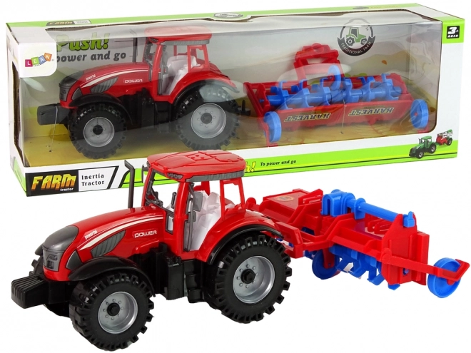 Red Toy Tractor with Plow Friction Drive