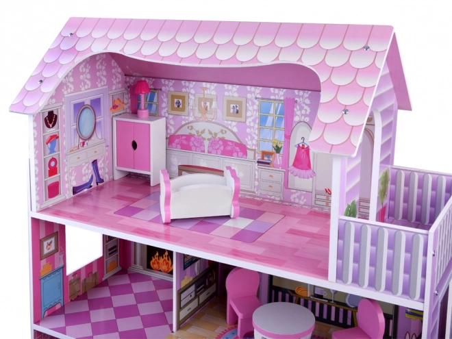 Wooden Dollhouse with Furniture and LED Lights