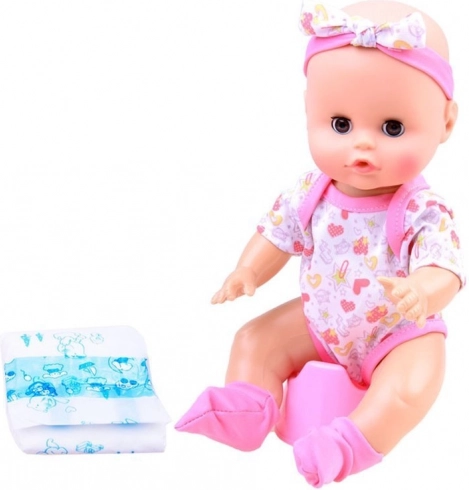 Drinks from a bottle and pees into the potty