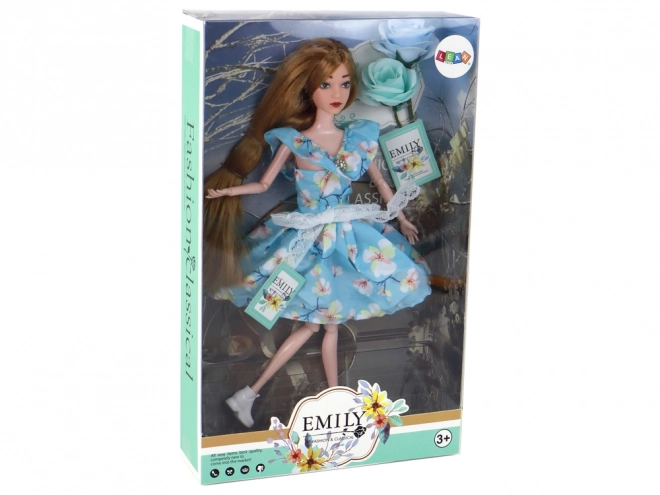 Emily Doll with Long Hair and Floral Blue Dress