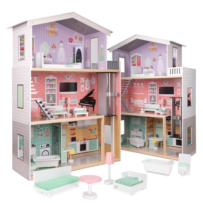 Wooden Dollhouse with Pastel Furniture