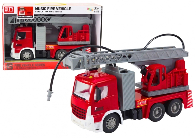 Friction-powered fire truck with extendable ladder, lights, and sounds