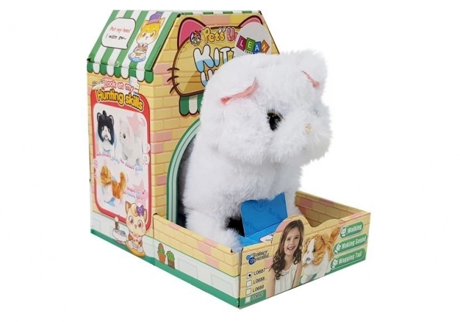 Interactive white Persian cat walks with tail on battery