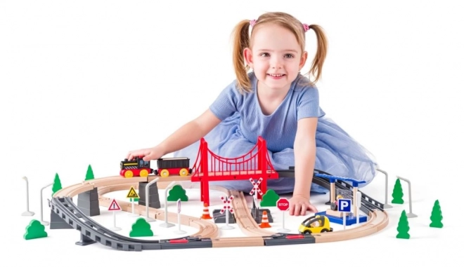 wooden train set with battery-operated locomotive