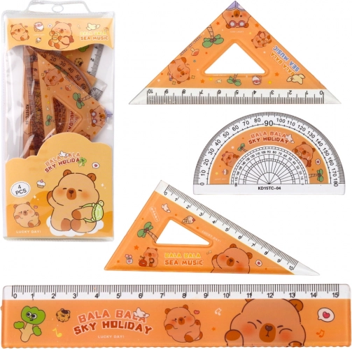 Set di strumenti geometrici Capibara con righello, goniometro e squadrette, 4 pezzi