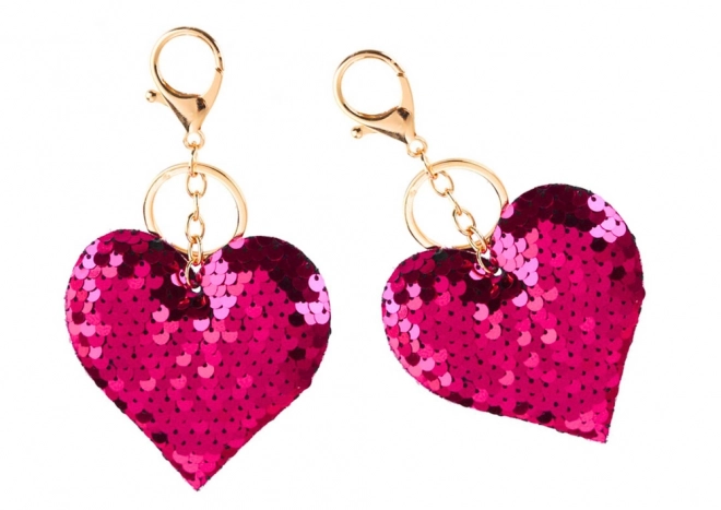 Heart Keychain with Reversible Sequins Silver Dark Pink