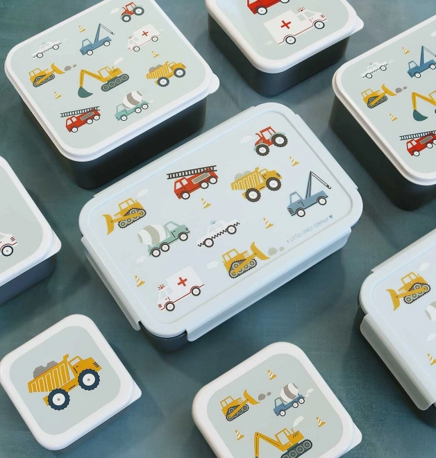 A Little Lovely Company lunchbox with vehicle design