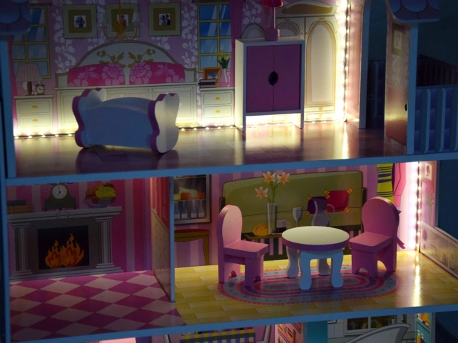 Wooden Dollhouse with Furniture and LED Lights