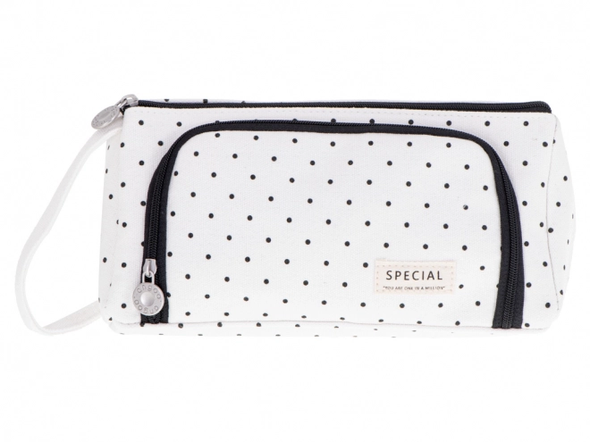 Double Compartment School Pencil Case White with Polka Dots