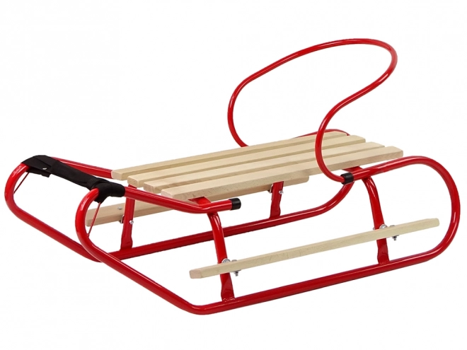 Metal sled with backrest and red strap