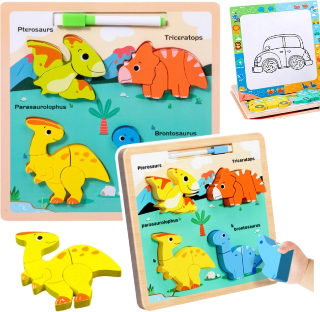 Wooden Educational Puzzle Dinosaurs with Drawing Board
