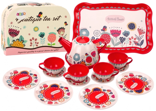 Tea and Coffee Set in Carry Case with Cups and Saucers Red