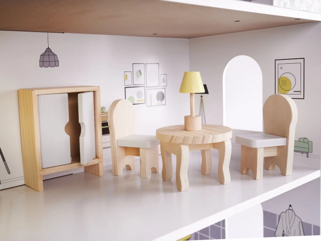 Wooden Dollhouse with Furniture Gray