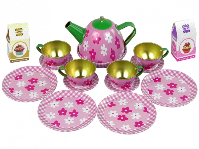 Metal Tea Set Pink with Floral Design