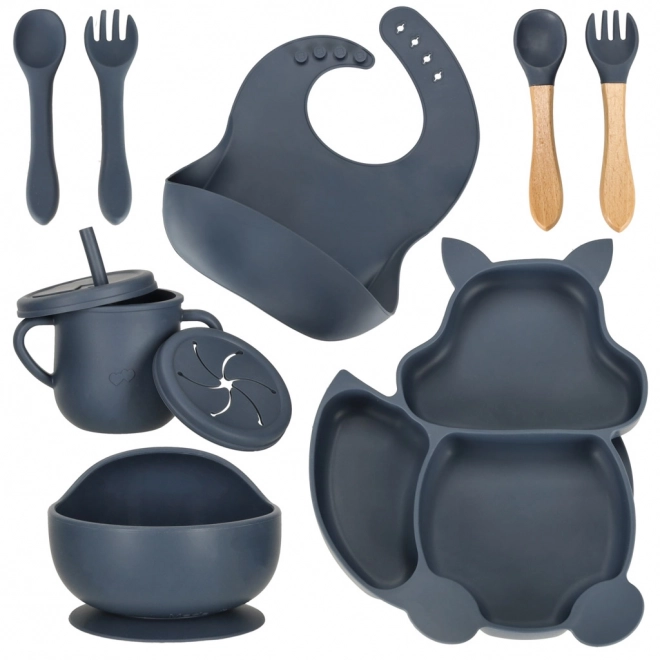 Children's silicone dinnerware set squirrel 9-piece dark blue