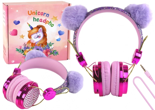 wired headphones in pink shades with ears and microphone