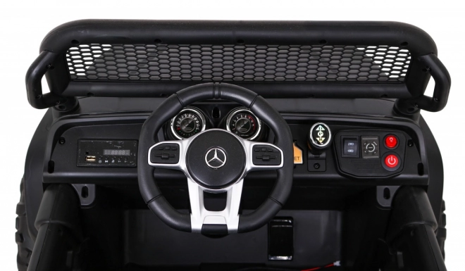 Mercedes Benz Unimog pro děti černý + pohon 4x4 + dálkové ovládání + zavazadlový prostor + pomalý start + MP3 LED