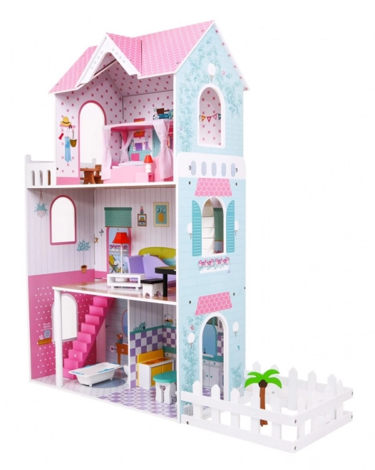 Wooden Dollhouse Pink for Kids 3+ with Equipment and Furniture