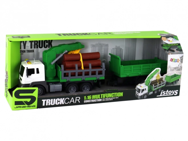 Friction Powered Green Crane Truck with Trailer and Sound