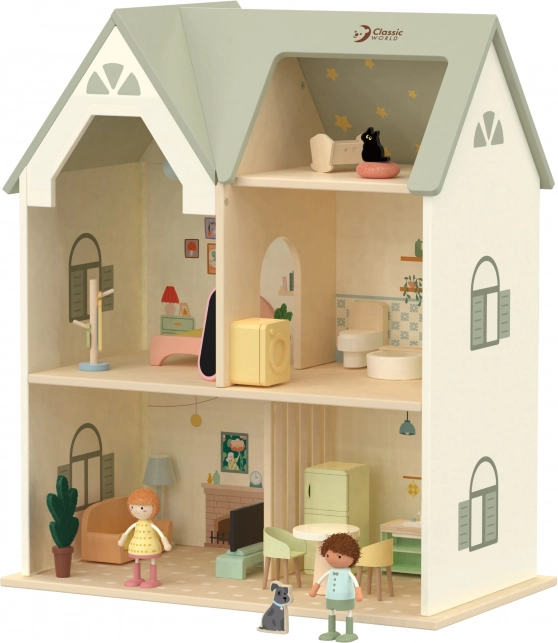 Large wooden dollhouse with furniture