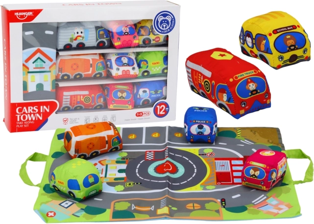 Ensemble de petites voitures souples avec tapis de jeu – 9 pièces