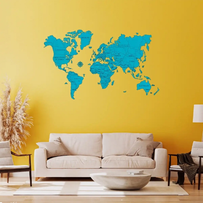 Wooden World Map 3D Wall Art - Natural Cyan XL