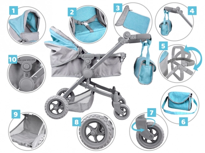 4-in-1 Doll Stroller with Bassinet – turquoise