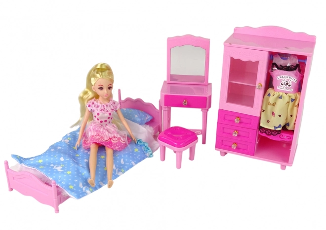 Doll Furniture Set with Bed, Wardrobe, and Vanity