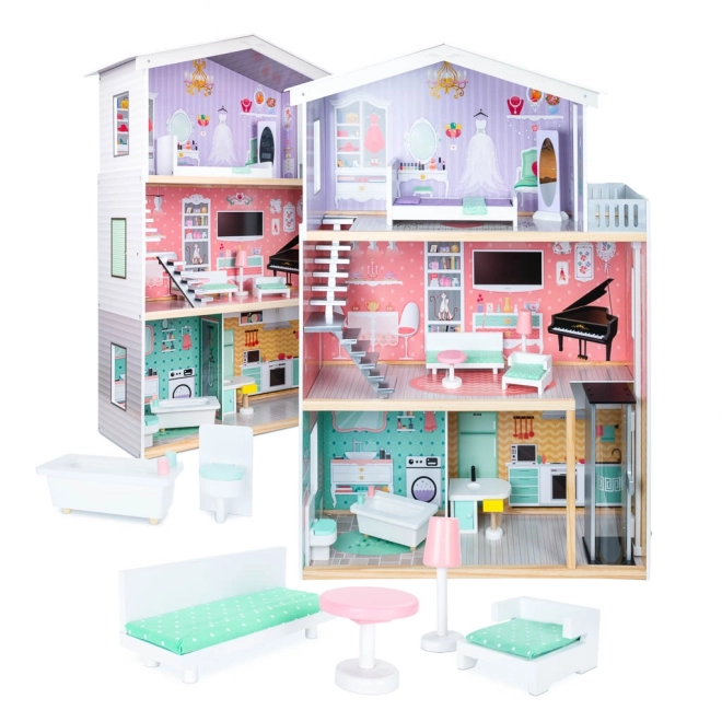 Wooden Dollhouse with Pastel Furniture