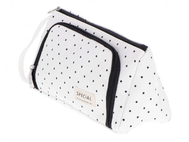 Double Compartment School Pencil Case White with Polka Dots