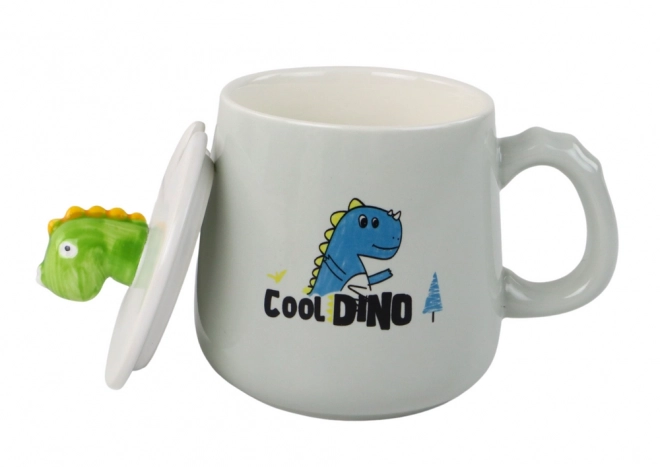 Ceramic blue dinosaur mug with lid and spoon