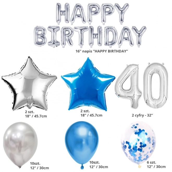 40th Birthday Balloon Set - Silver and Blue