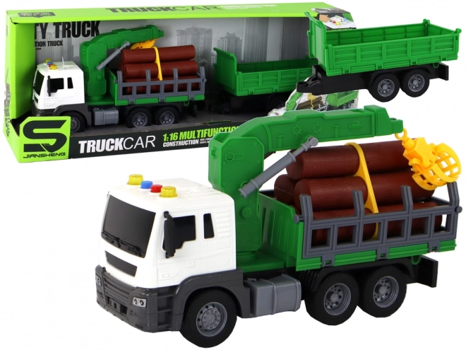 Friction Powered Green Crane Truck with Trailer and Sound