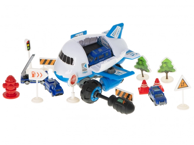 Police Transporter Airplane with Cars and Accessories Set