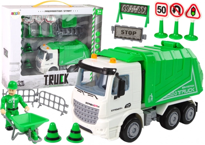 Green Garbage Truck with Traffic Signs Playset