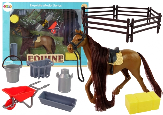 Horse Figurine with Grooming Accessories and Enclosure