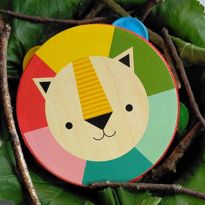 Wooden Tambourine with Rainbow Lion Design