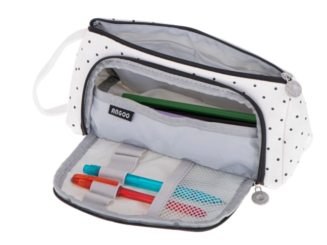 Double Compartment School Pencil Case White with Polka Dots